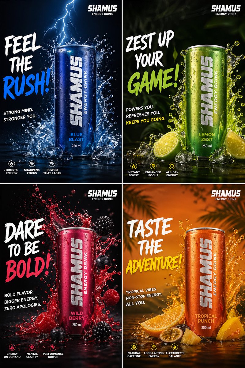AI Prompt for Energy Drink Brand Social Media Posters with High-End Branding