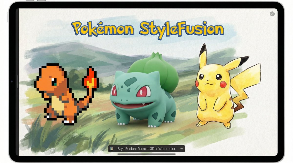 AI Prompt for Epic Pokémon-Style Fused Art with Retro Pixel, Watercolor, and 3D Landscapes