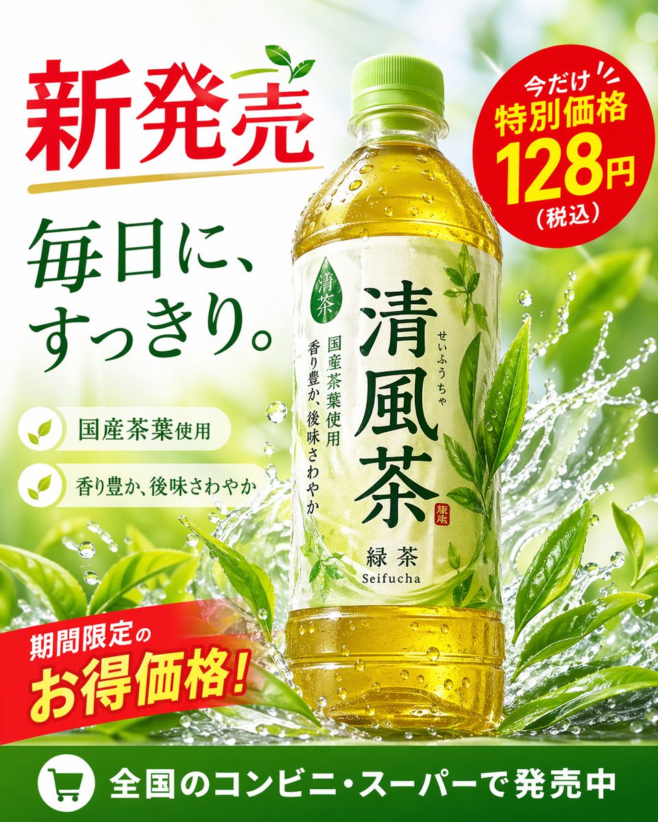 AI Prompt for Green Tea Bottle Advertisement Poster with Water Splashes and Pricing Badges