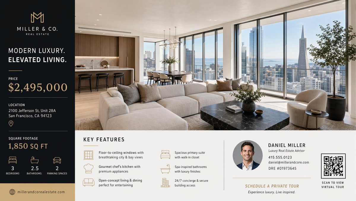 AI Prompt for Luxury Real Estate Flyer Designs with Agent Panel and QR Code