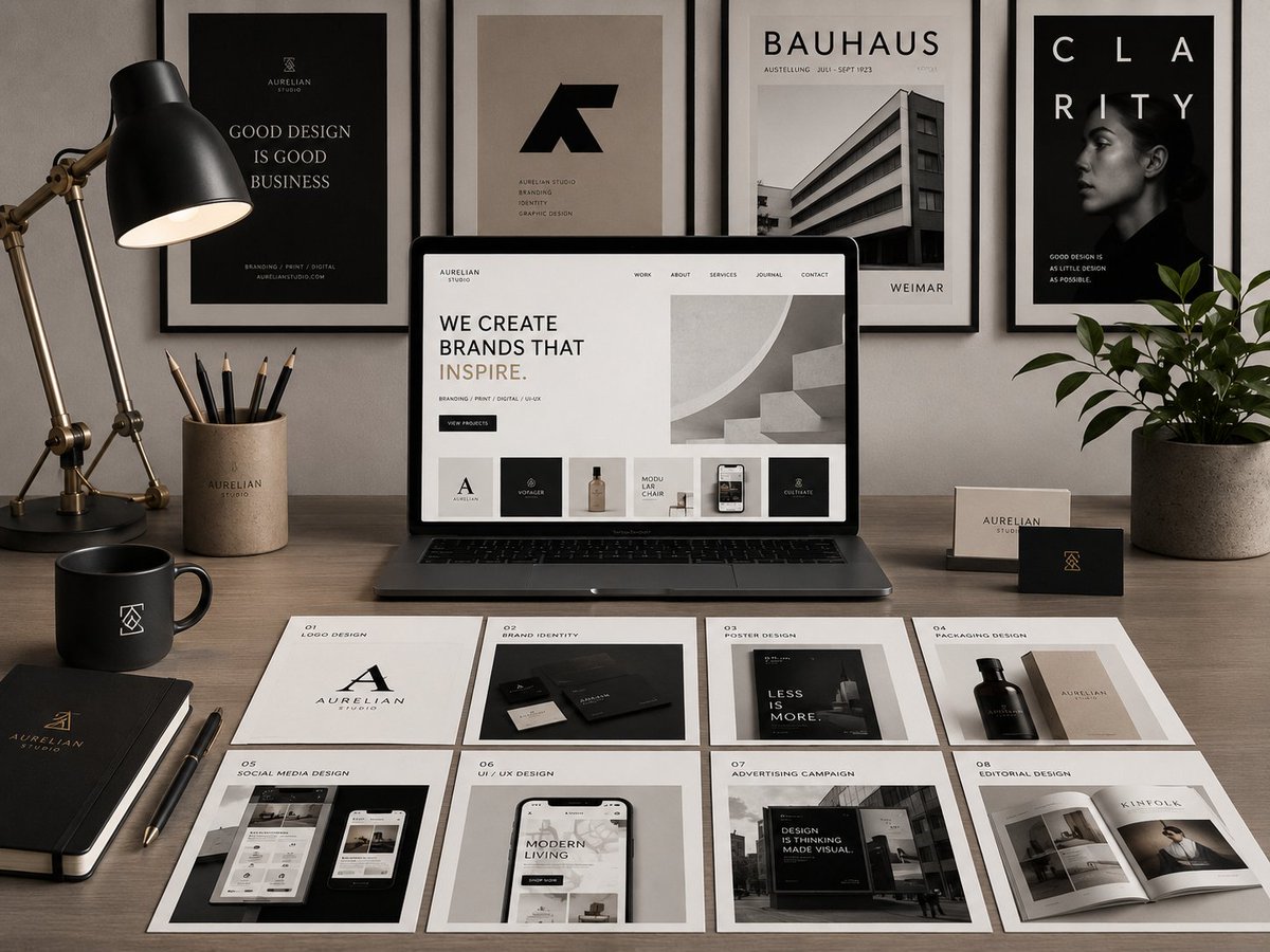 AI Prompt for Minimalist Graphic Design Portfolio Mockup with Laptops and Posters
