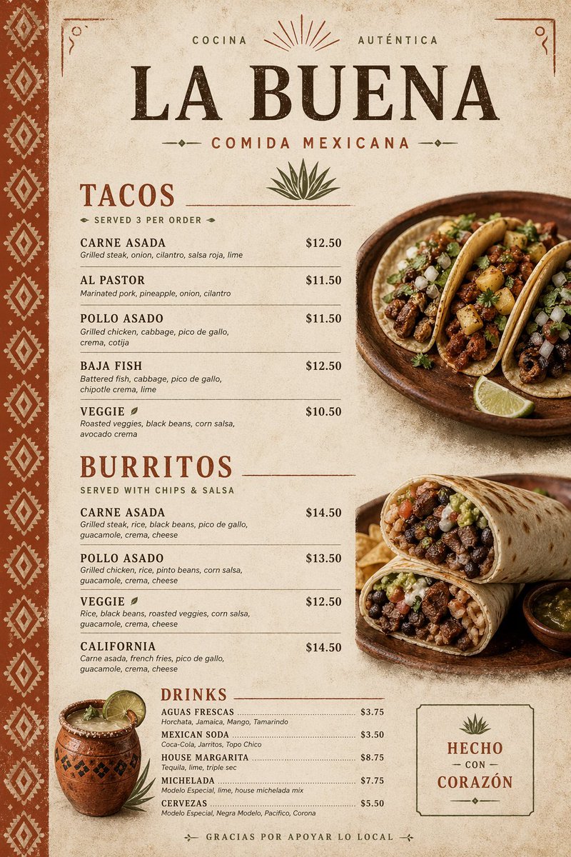 AI Prompt for Modern Mexican Restaurant Menu Design with Realistic Imagery and Stylized Typography