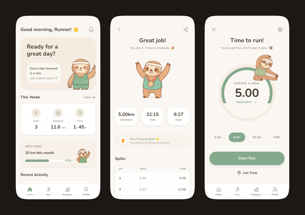 AI Prompt for Pastel-Themed Running App UI with Sloth Mascot