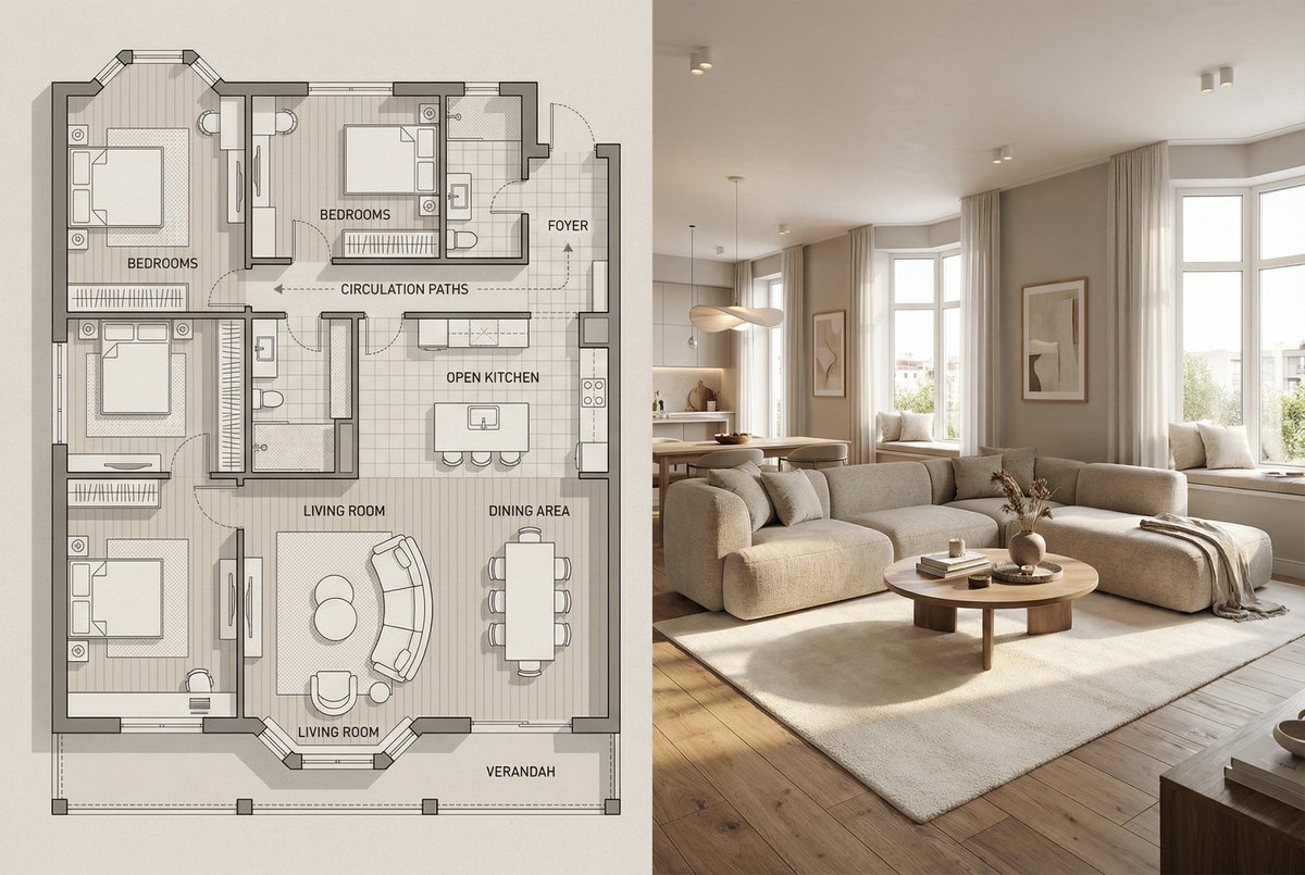 AI Prompt for Realistic Image Generation: Minimalist Floor Plans and Interior Photos