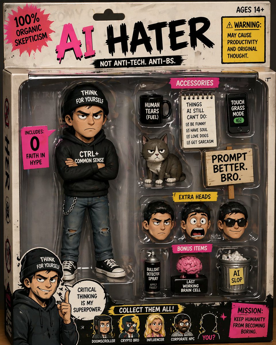 AI Prompt for Satirical AI Hater Collectible Toy Packaging