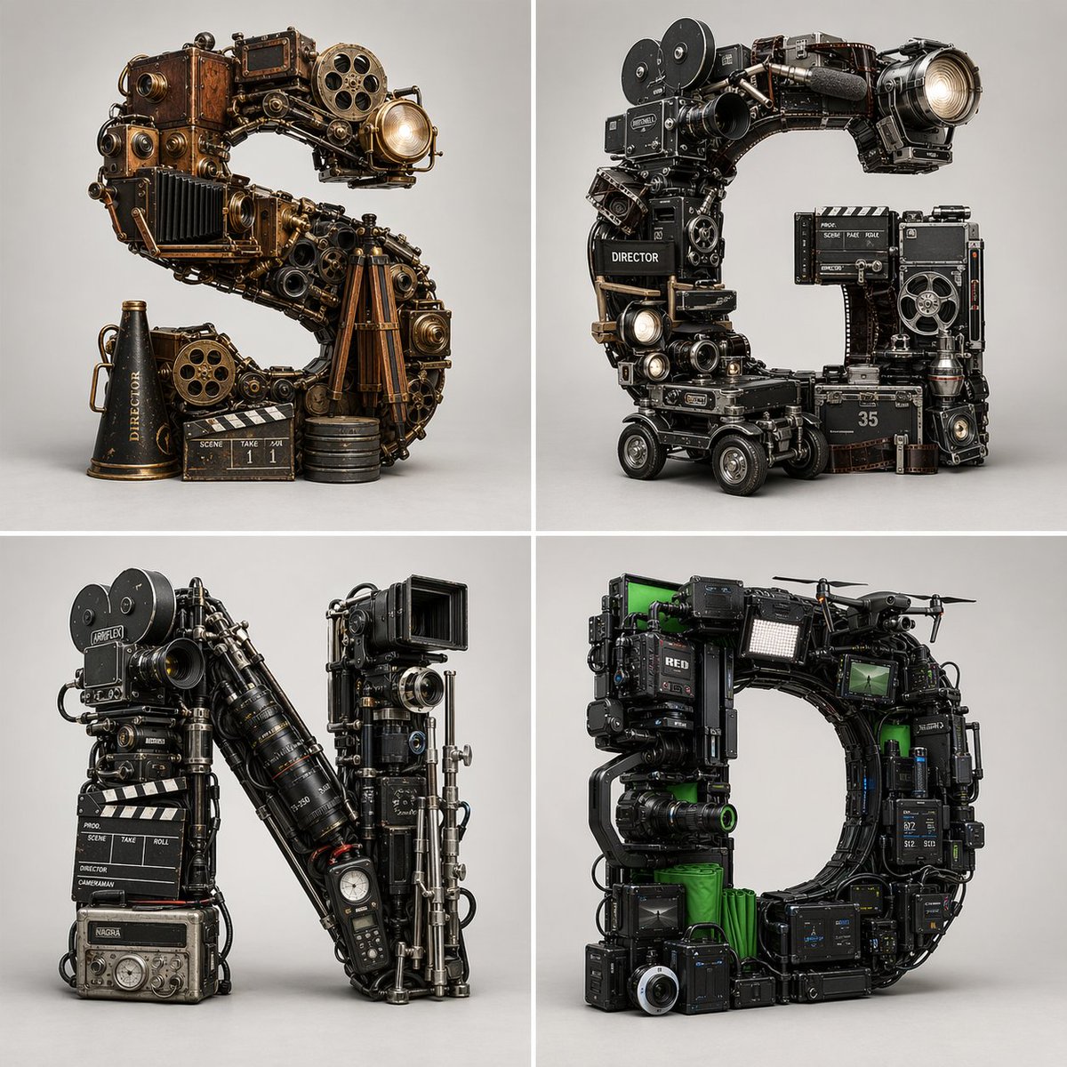 AI Prompt for Typographic 3D Render: Era-Specific Filmmaking Equipment Letters