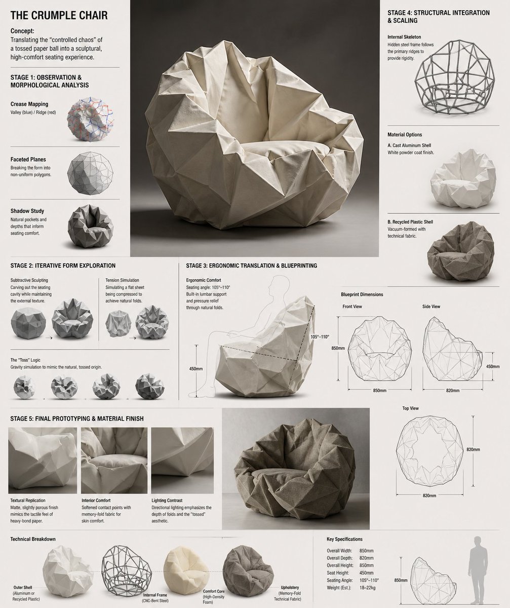 AI Prompt: Generate Crumpled Paper Furniture Designs for Product Marketing and Interior Architecture