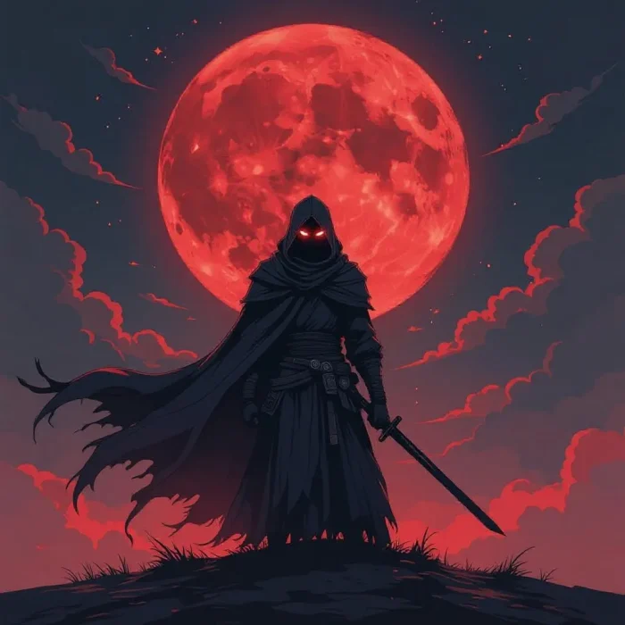 Dark Anime Warrior T-Shirt Design Under Red Moon