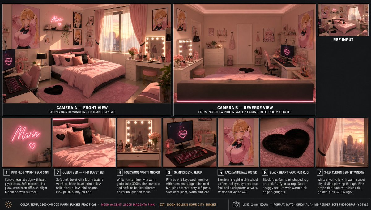 Prompt for Pink Anime Bedroom 3D Rendering with Camera Angles and Props