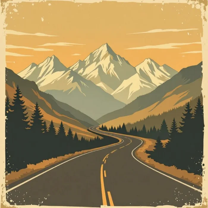 Vintage Travel Poster Style Mountain Road Design