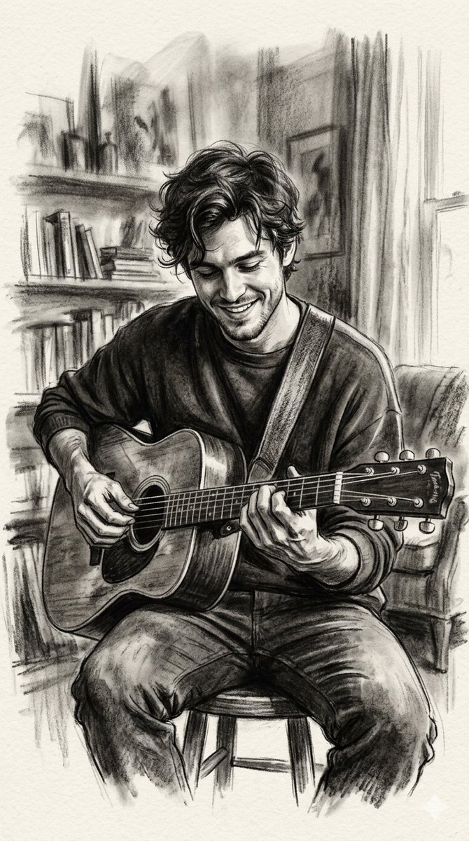 AI Portrait Prompt: Charcoal Art of Guitarist in Cozy Room