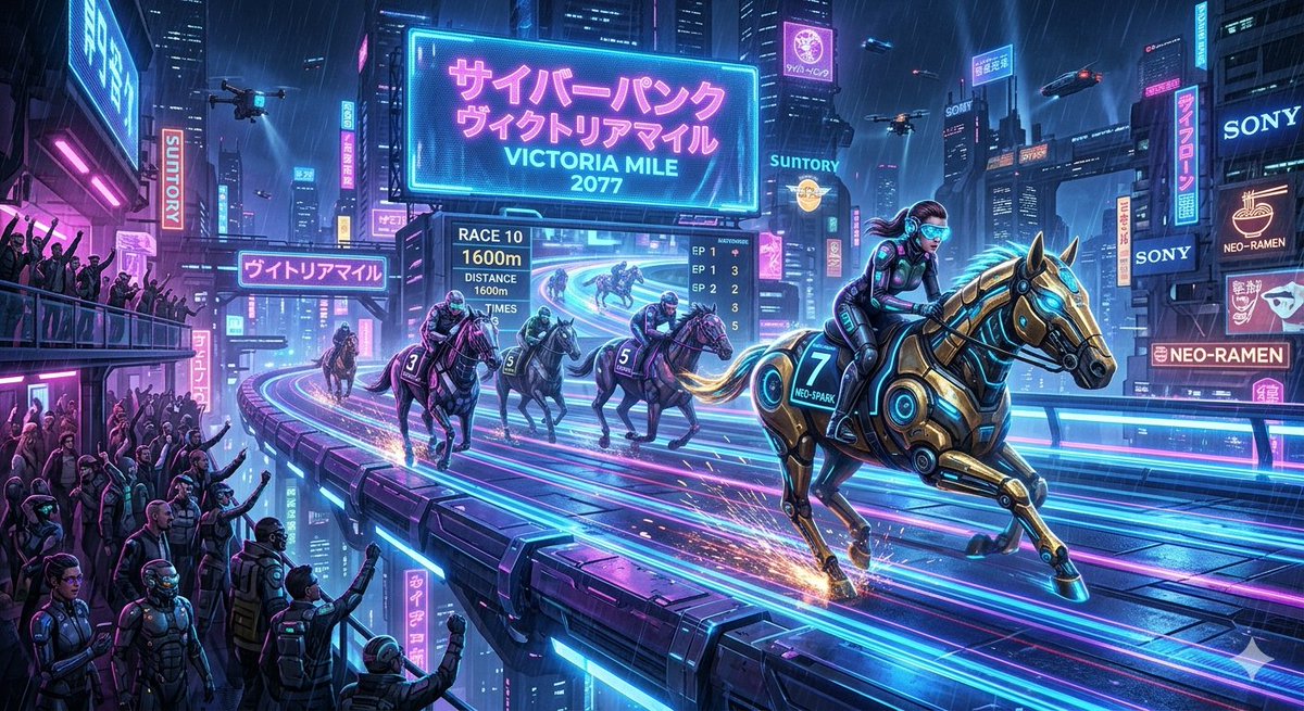 AI Portrait Prompt for Cyberpunk Horse Racing Scene in Neon Future
