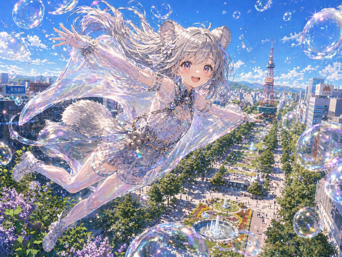 AI Prompt: Anime Female Character with Squirrel Ears Above Sapporo City