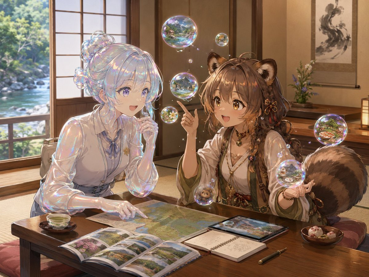 AI Prompt: Comic-Style Anime Fantasy Scene with Translucent Slime Girl and Bubble Tanuki