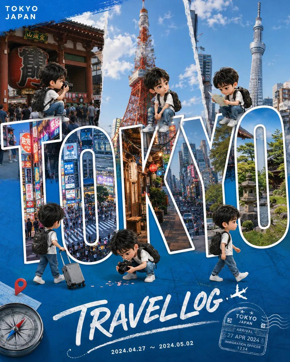 AI Prompt: Create Quirky Chibi Travel Vlog Poster Designs with Giant 3D Landmarks