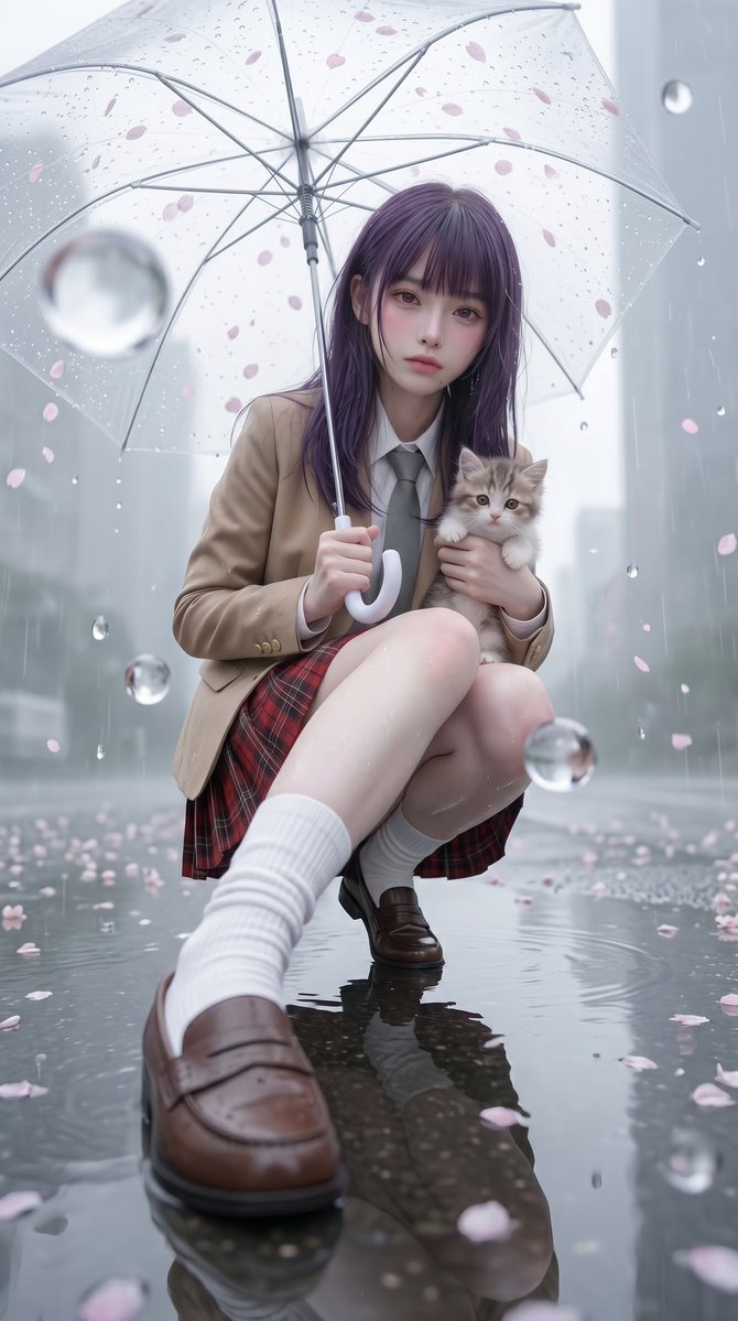 AI Prompt: Dreamy Rainy Sakura Schoolgirl Portrait with Kitten