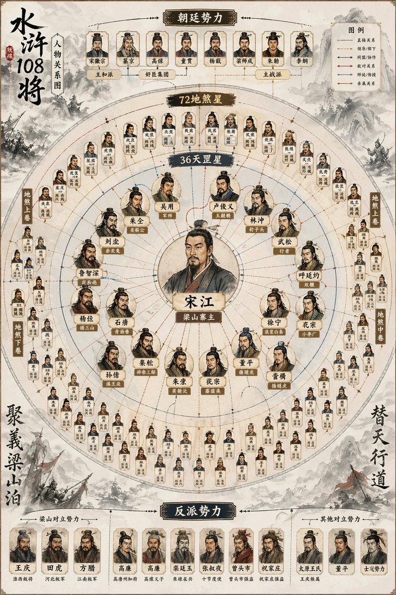 AI Prompt for 108 Heroes Relationship Map with Infographic Style