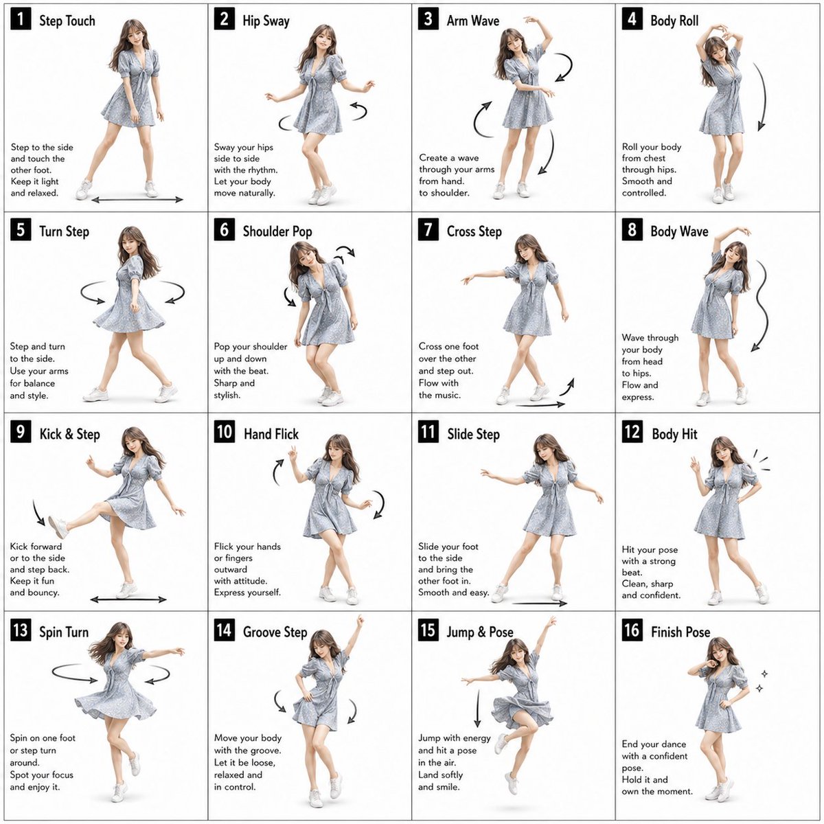 AI Prompt for 16-Pose Dance Studio Poster with Female Character