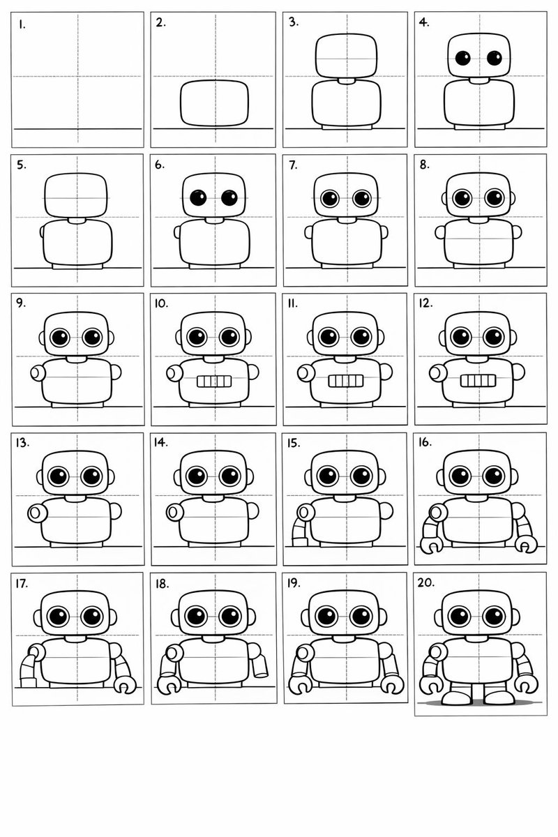 AI Prompt for 20-Panel Cartoon Robot Drawing Guide
