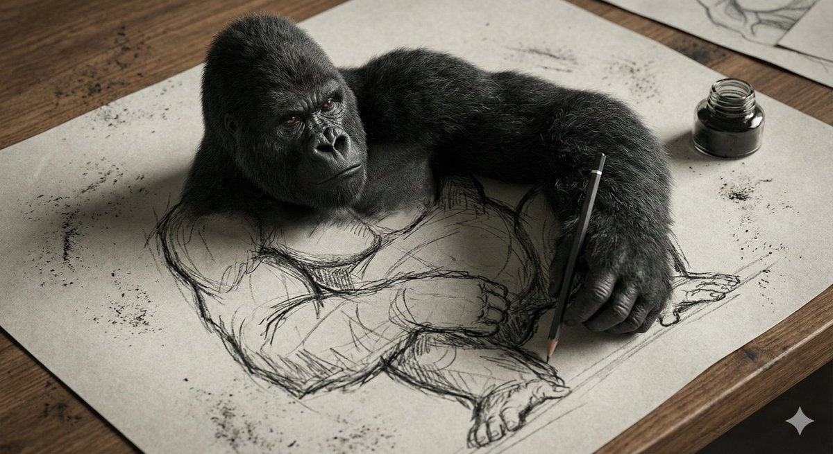 AI Prompt for 3D Gorilla Emerging from 2D Charcoal Sketch