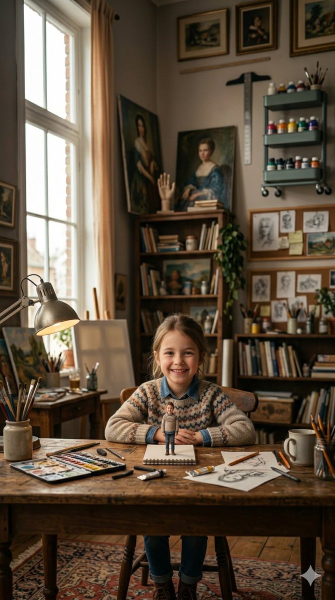 AI Prompt for 3D Miniature Clay Figurine Illusion in Artist's Studio