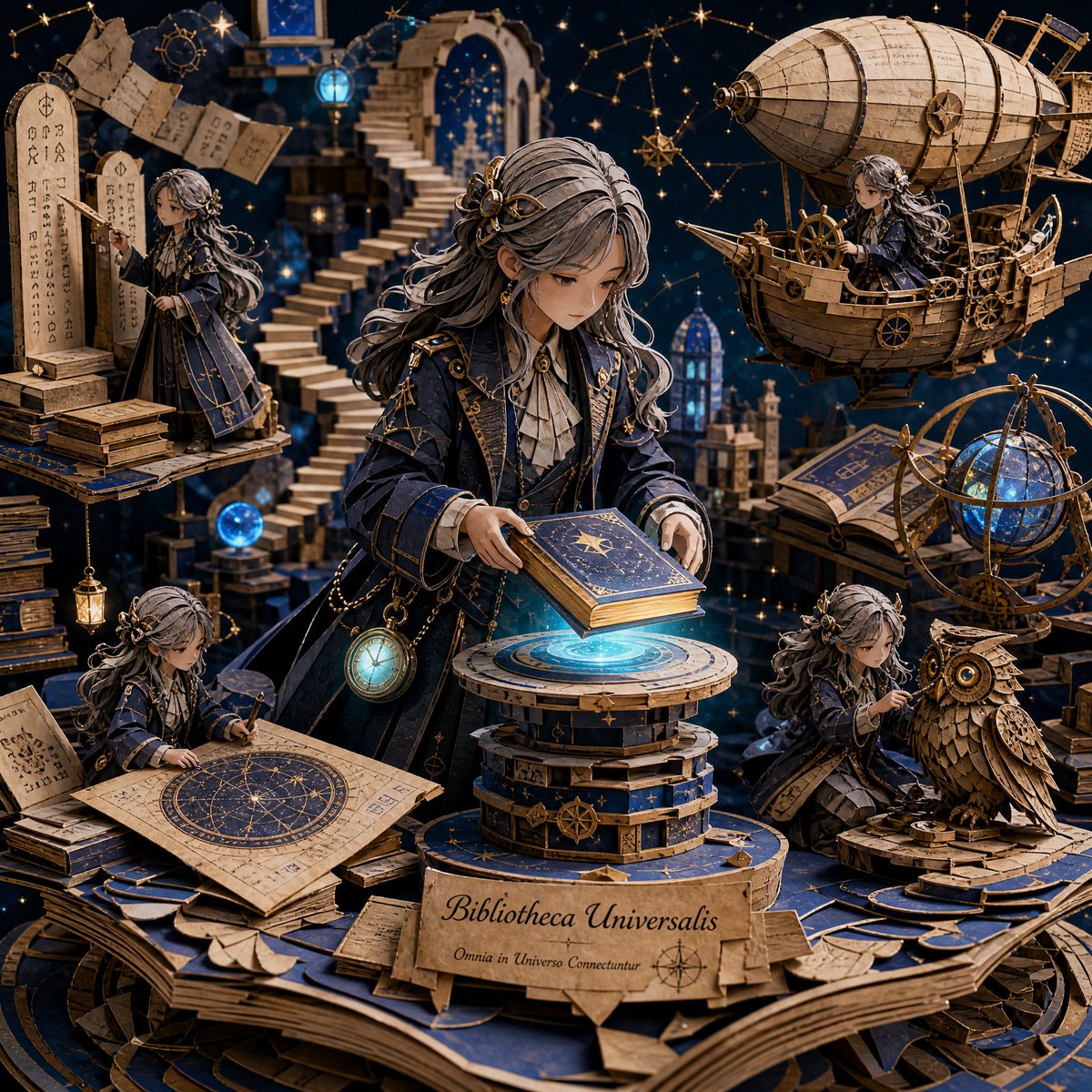 AI Prompt for 3D Papercraft Cosmic Library Diorama - Steampunk Style