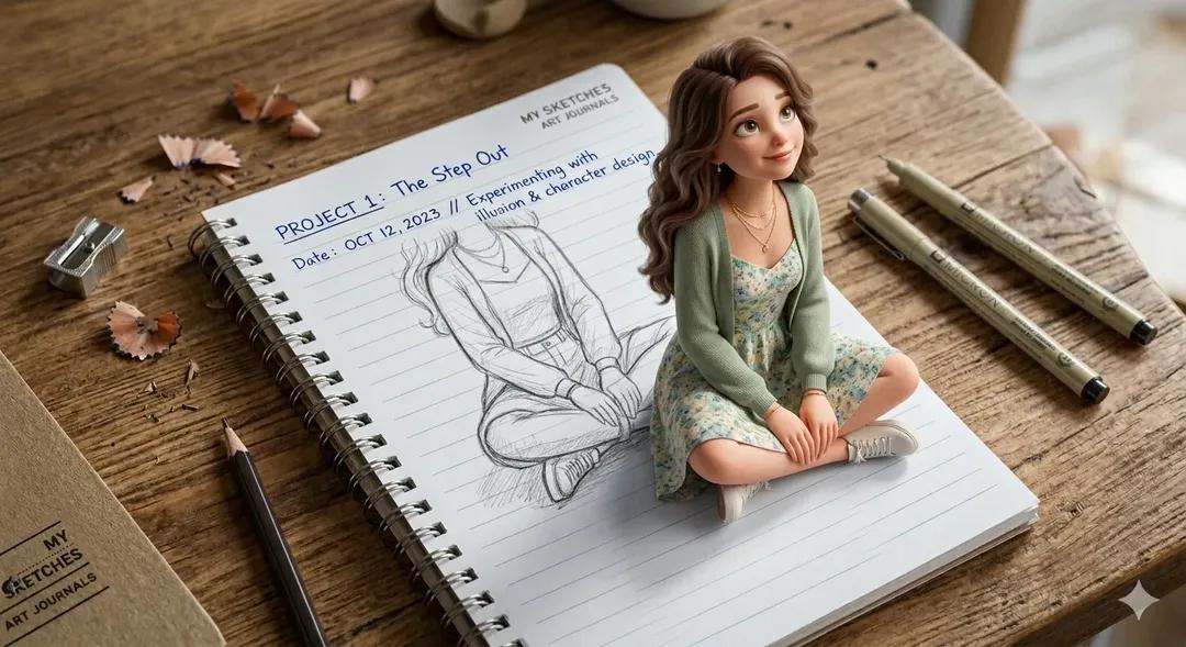 AI Prompt for 3D Pop-Out Illusion Artwork of a Cute Girl from a Notebook