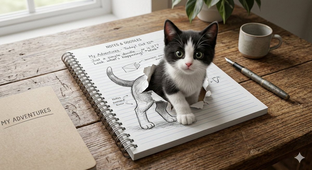 AI Prompt for 3D Rendering: Stepping Kitten in Spiral Notebook