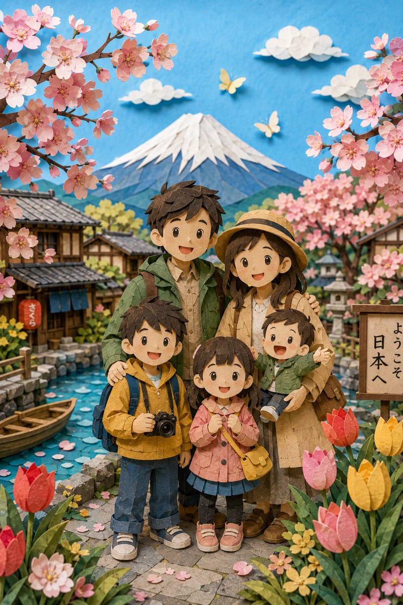 AI Prompt for 3D Whimsical Paper-Cut Family Portrait with Cherry Blossoms