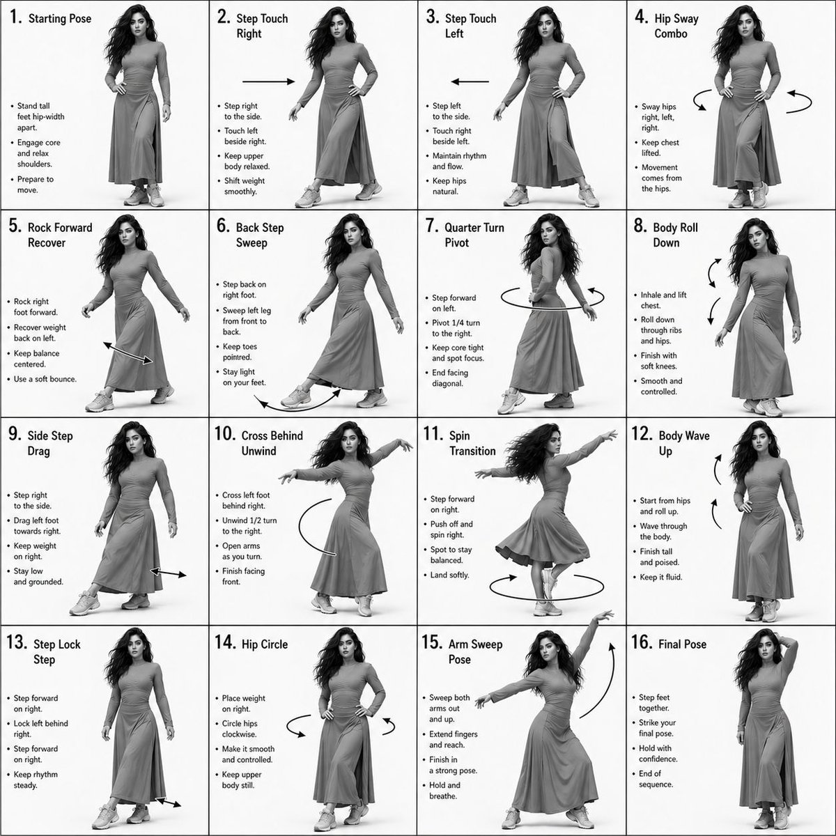 AI Prompt for 4x4 Grid Choreography Instruction Sheets with Character Consistency