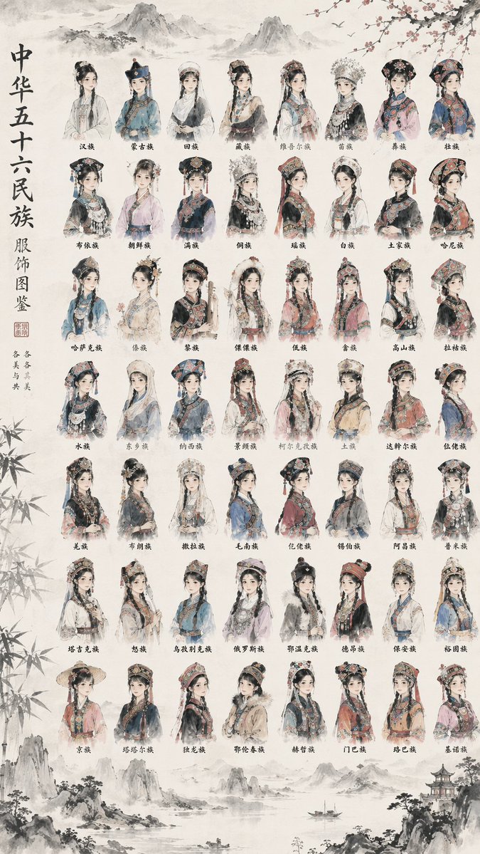 AI Prompt for 56 Chinese Ethnic Groups Female Portraits in Traditional Ink-Wash Style