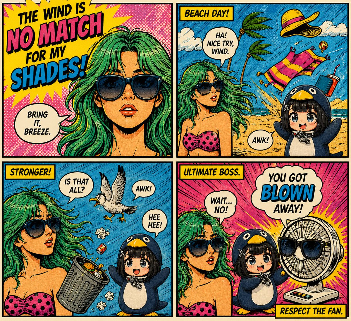AI Prompt for 80s Retro Pop-Art Comic Strip with Chibi Penguin and Mint-Green Haired Woman