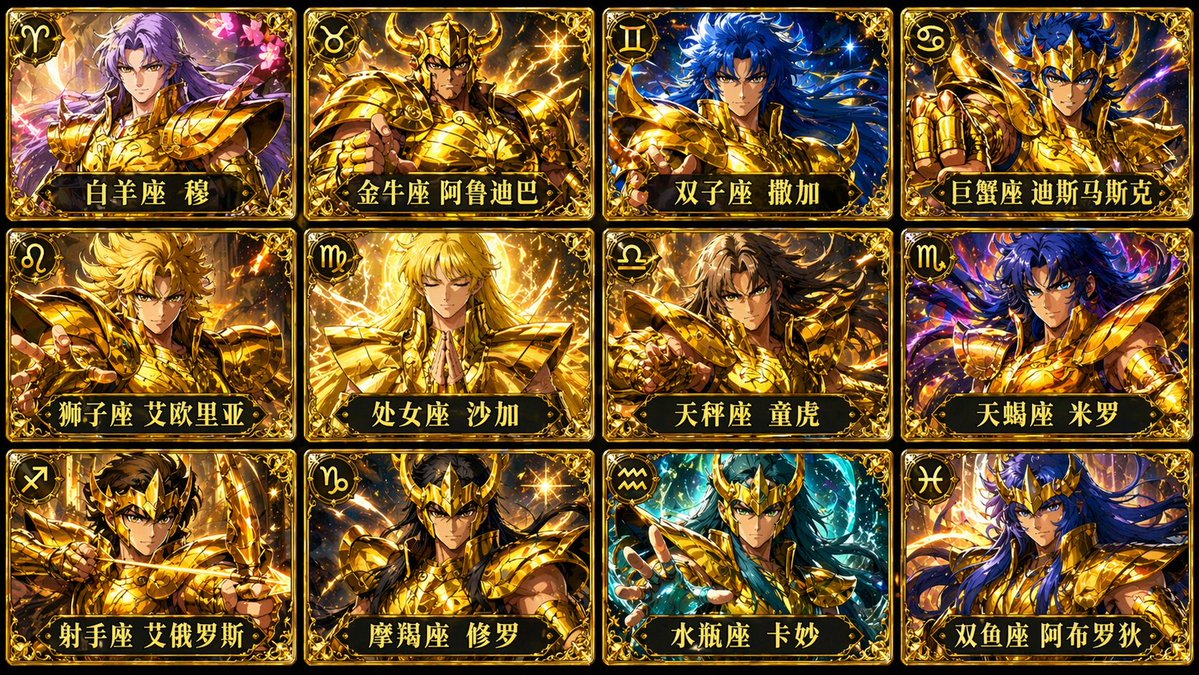 AI Prompt for a 12-Card Grid of Gold Saints from Saint Seiya