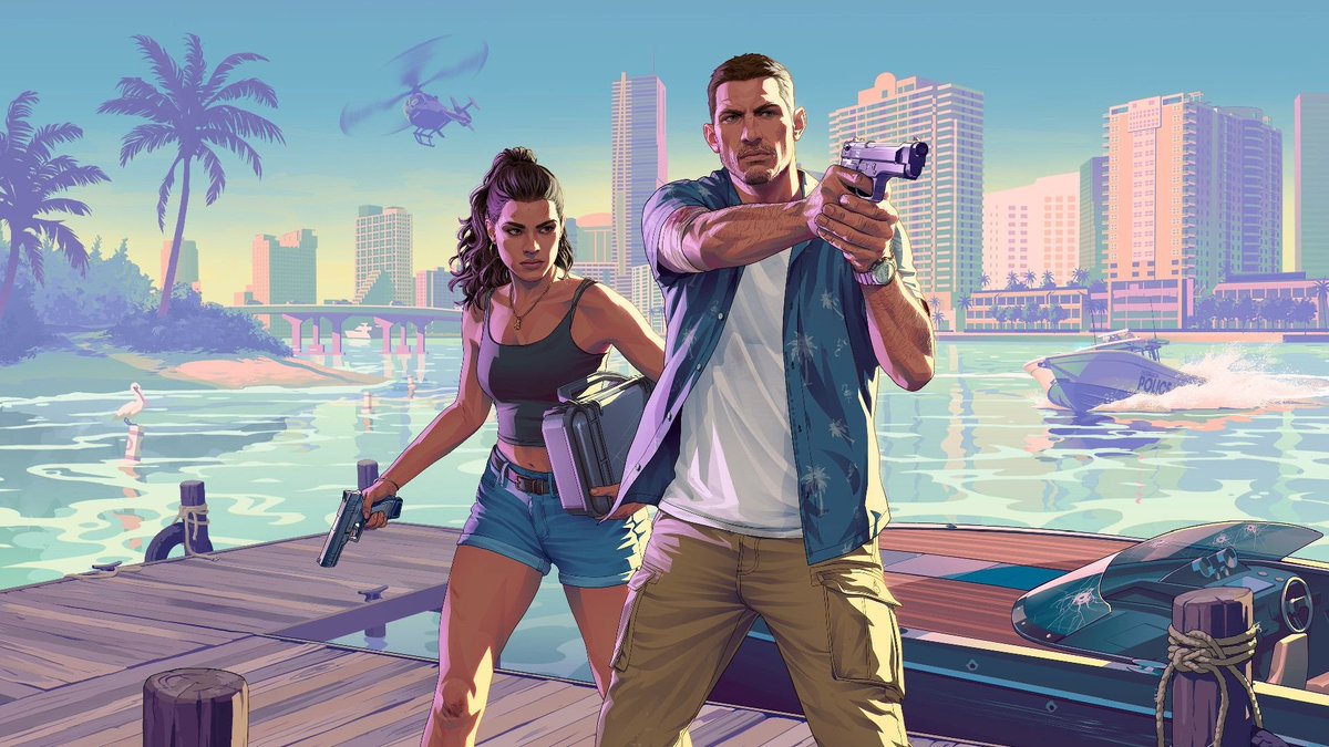 AI Prompt for a Cinematic GTA-Style Action Game Poster with Protagonists on a City Dock