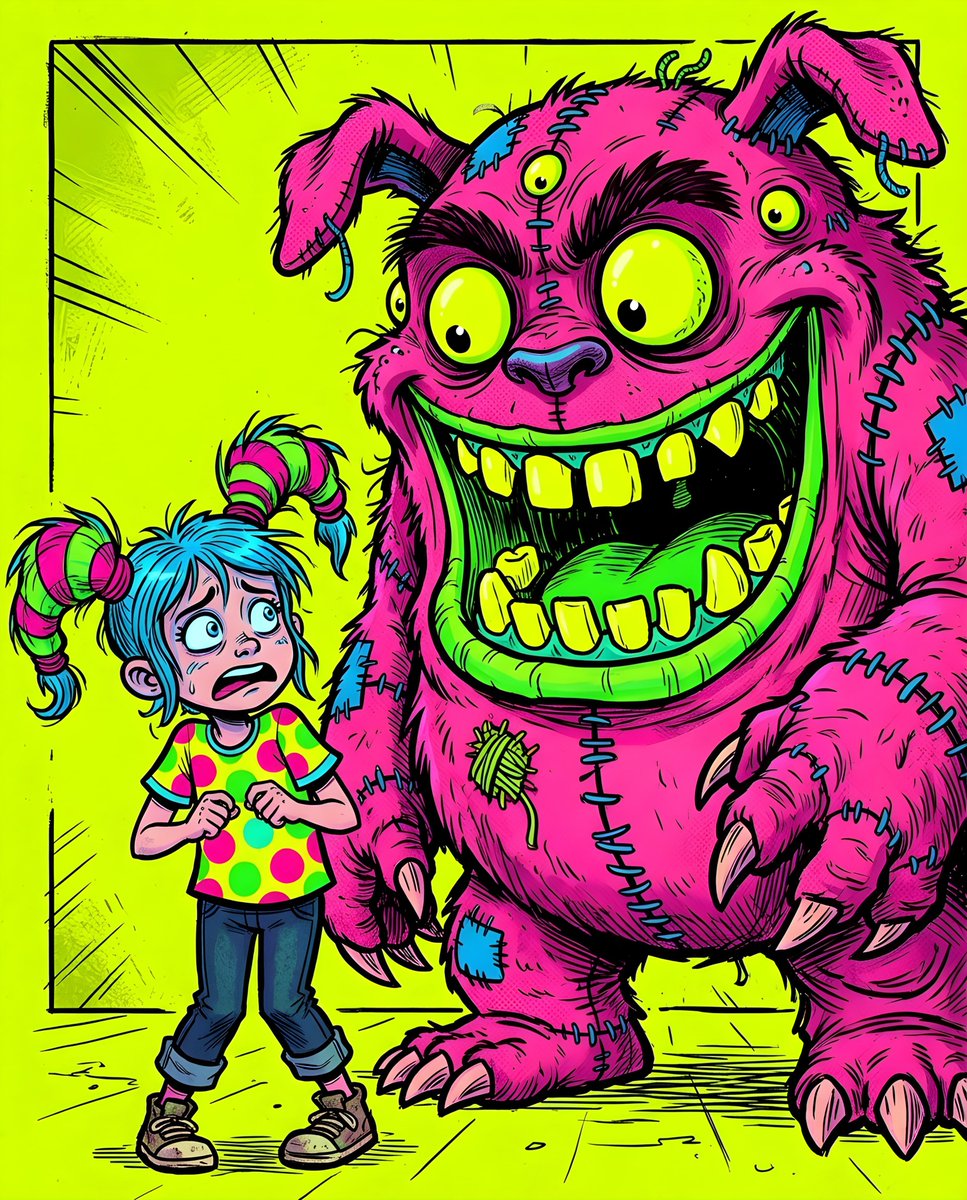 AI Prompt for a Comic Book Monster Encounter: Generate a Vibrant, Yellow & Pink-Themed Illustration