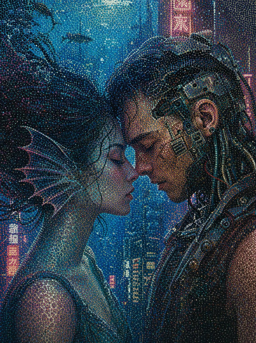 AI Prompt for a Dark Cyberpunk Dot-Art Portrait of an Intimate Couple