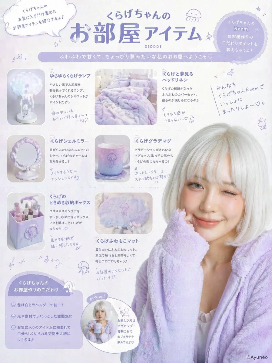 AI Prompt for a Soft-Hued Japanese-Style Kawaii Bedroom Poster with Chibi Character and Product Illustrations