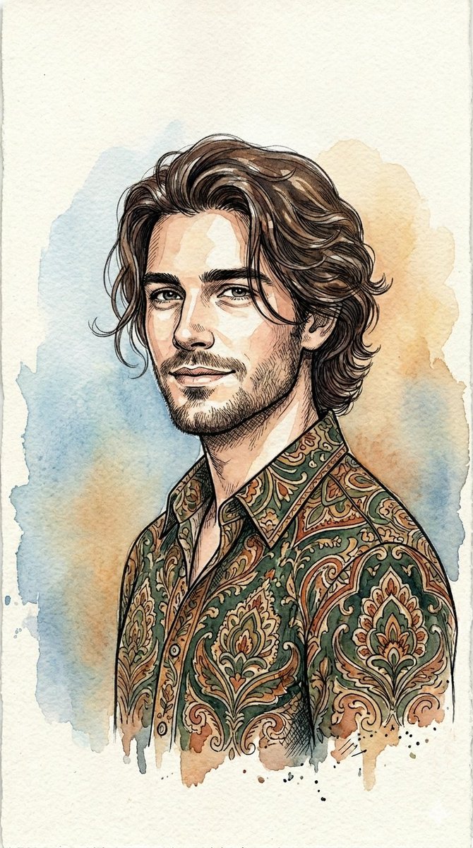 AI Prompt for a Unique Male Portrait with Watercolor and Ink Line Art