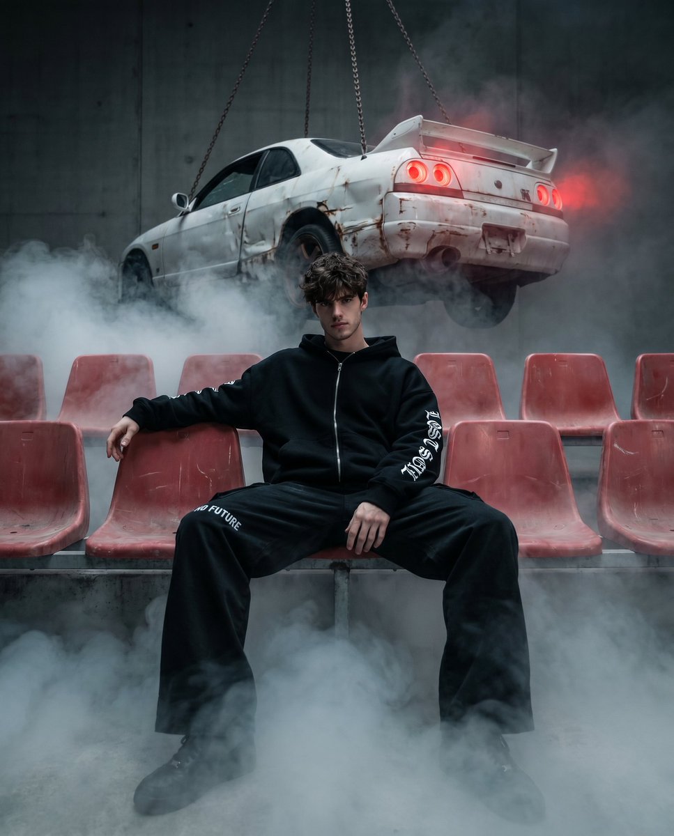 AI Prompt for Abandoned Stadium Fashion Poster with Nissan Skyline R33