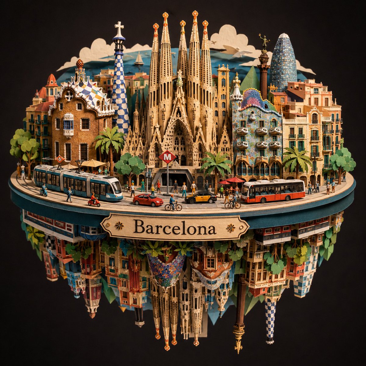 AI Prompt for Abstract 3D Paper Cityscape with Barcelona Landmarks