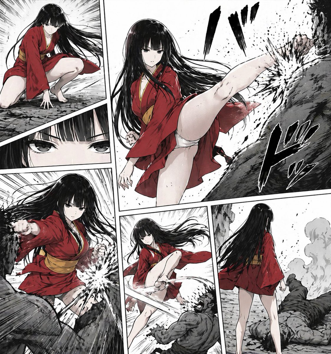 AI Prompt for Action Manga Art: Red Kimono Girl vs Enemies