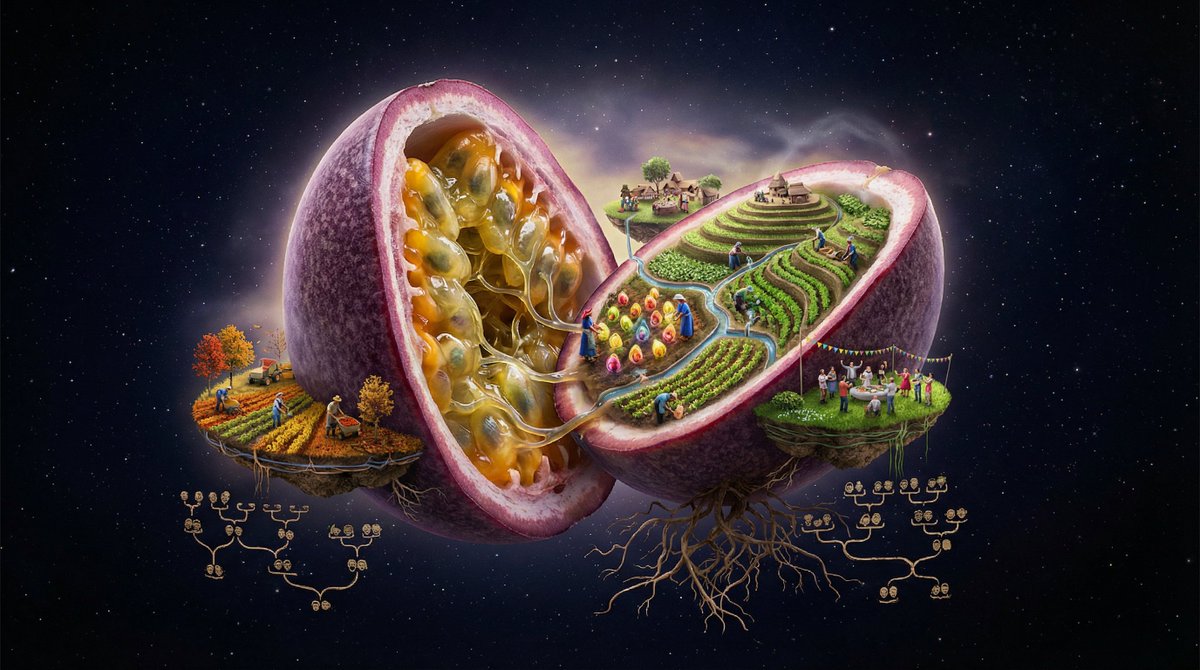 AI Prompt for an Imaginative Fruit Harvest Scene with Populated Surreal Landscape