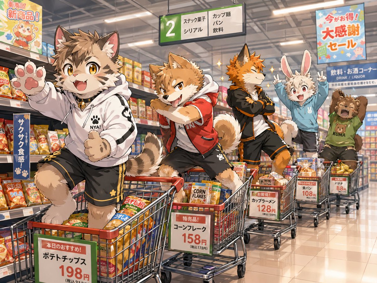 AI Prompt for Animated Supermarket Mascots: Generate Cute Anime Characters Riding Shopping Carts