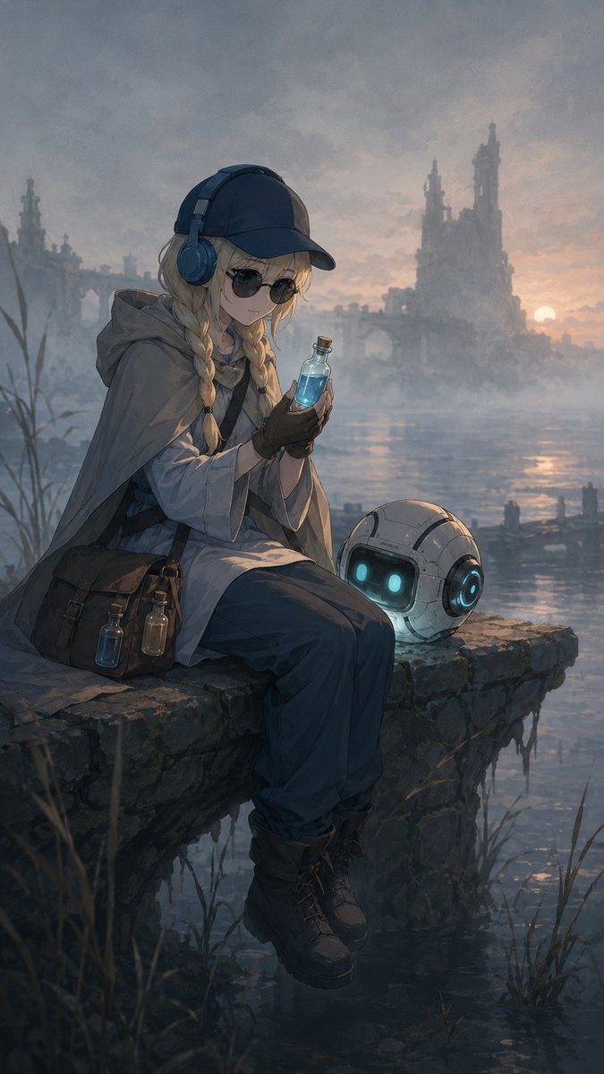 AI Prompt for Anime Art: Fantasy Alchemist and Robot in Mystic Ruins at Sunset