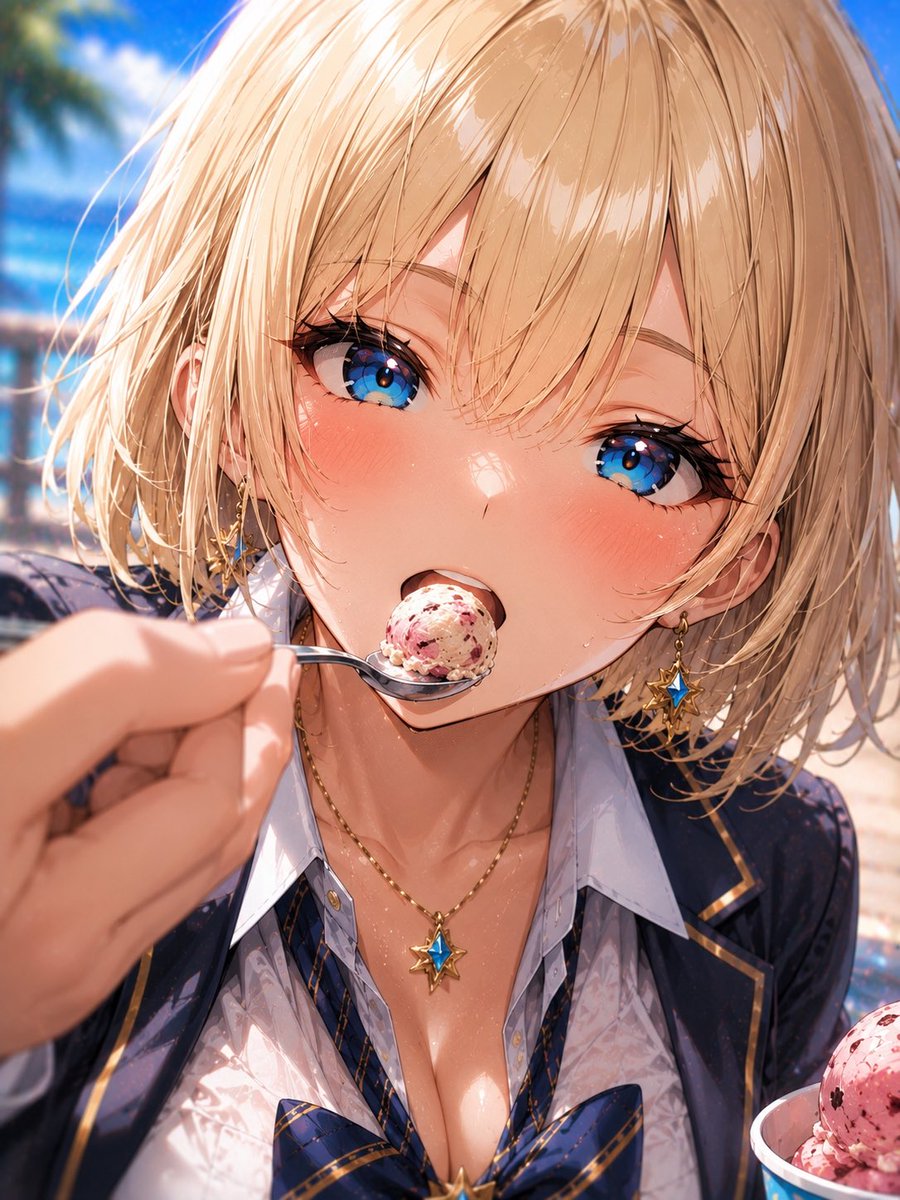 AI Prompt for Anime Beach Portrait with Blonde Girl Eating Ice Cream