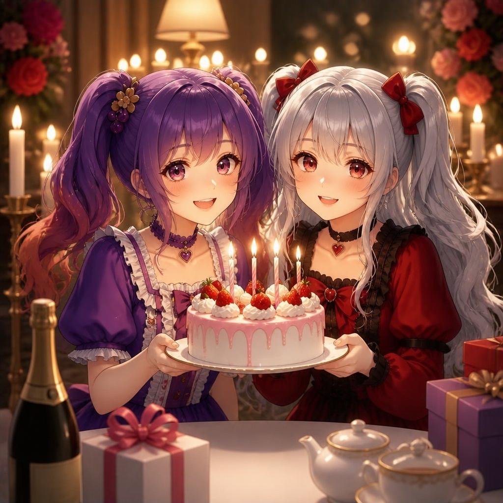 AI Prompt for Anime Birthday Twins in Gothic-Lolita Style with Candlelight