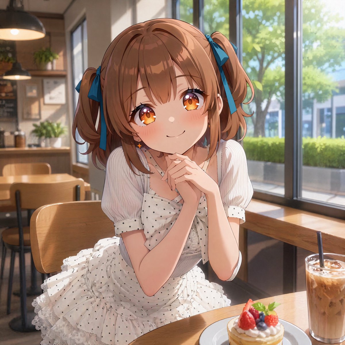 AI Prompt for Anime Cafe Portrait: Stylish Girl in Frilly Dress