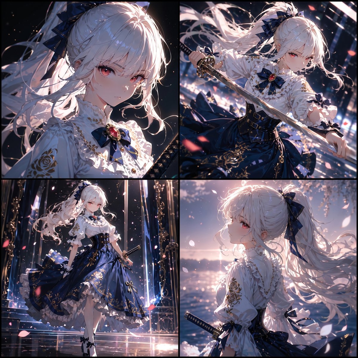 AI Prompt for Anime Character Collage with Elegant White-Haired Swordswoman