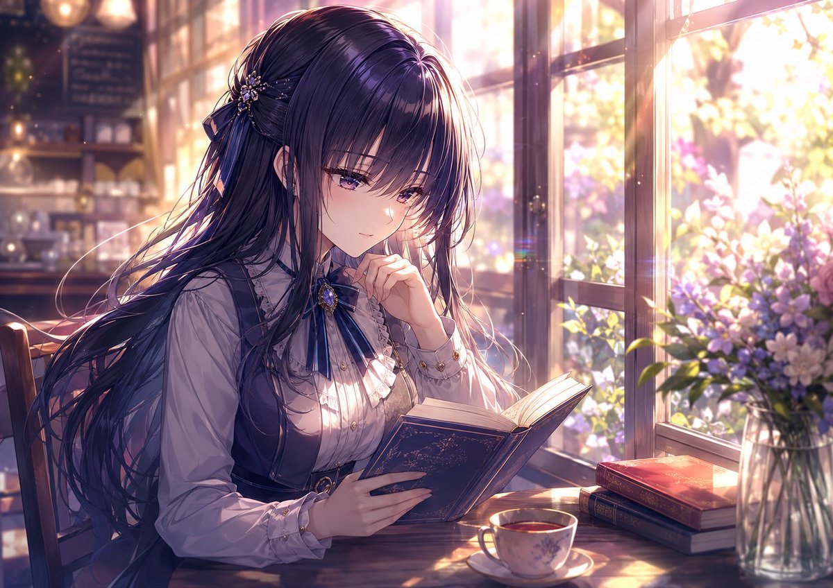 AI Prompt for Anime Character Portrait - Elegant Girl Reading in a Glowing Café