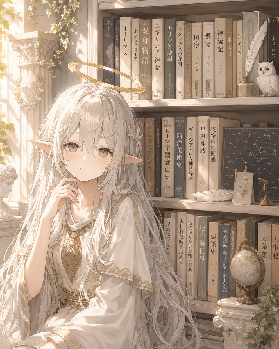 AI Prompt for Anime Fantasy Library Scene with Elven Angel